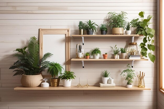 写真 飾り植物と飾り具のモックアップの壁は ⁇ 棚に木製です ⁇