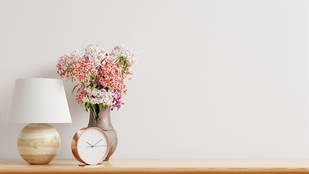 Mockup wall with ornamental plants and decoration item on shelf wooden,3d rendering