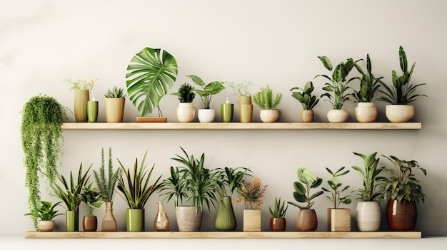 Photo mockup wall with plants on shelf