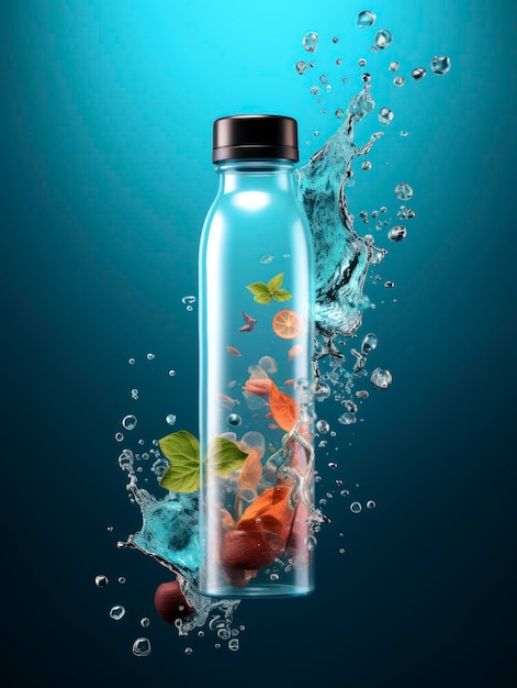 Mockup of water bottle with blank label hanging in the air with decorations and splashes