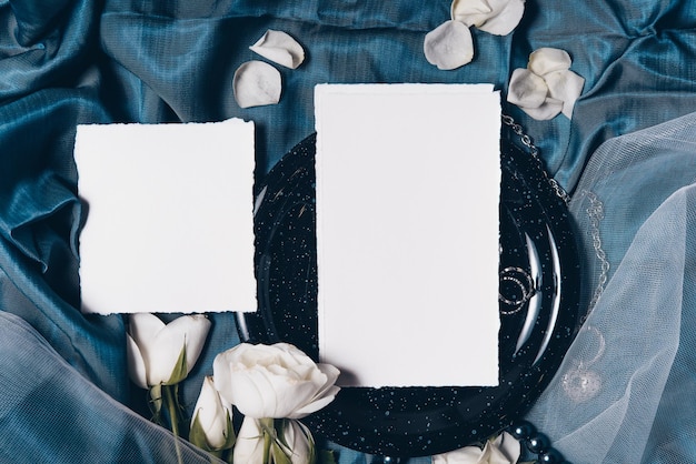mockup wedding greeting cards with top view flat lay on a pink background place for your text