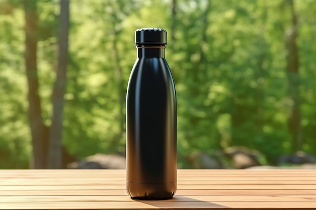 Mockup of a wet reusable steel metal thermo water bottle on a wooden table