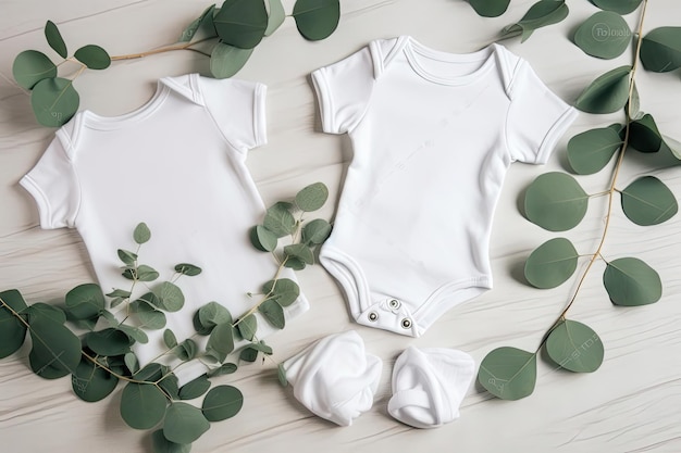 Mockup of white baby bodysuit shirt with eucalyptus