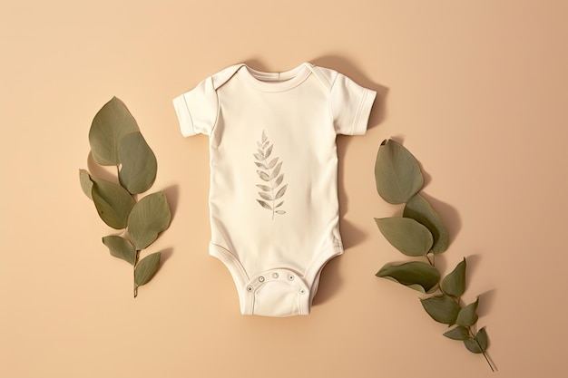 Photo mockup of white baby bodysuit shirt with eucalyptus