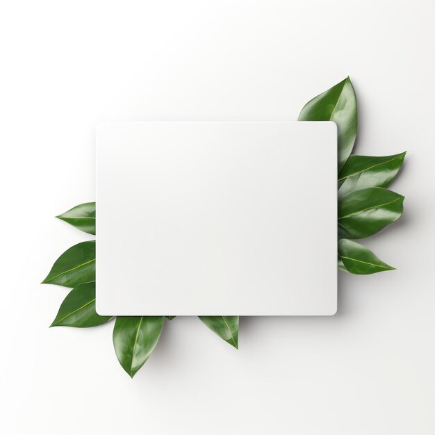 Mockup on white background of a white plastic card including small green leaf