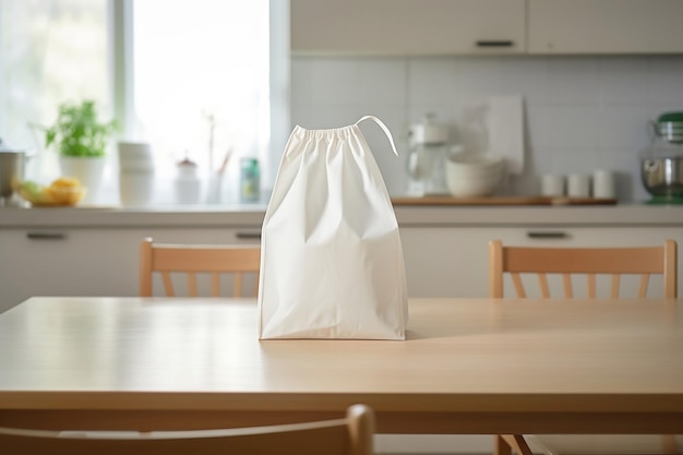 A mockup of a white bag is on the kitchen table