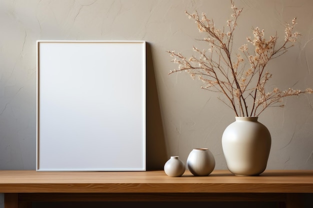 Mockup of a white blank frame on the table