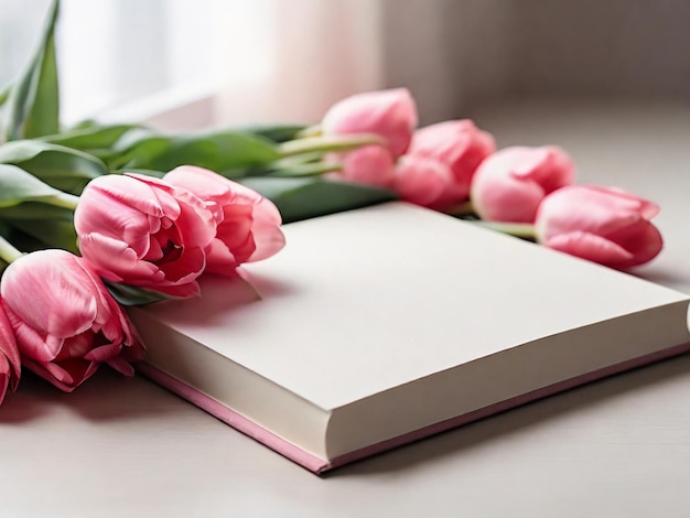 Mockup of a white blank paper cover of a hardcover book or notebook with spring pink tulips close up