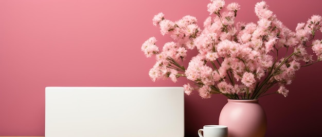 Mockup white blank paper on pink background with flowers Empty frame with flowers on the side