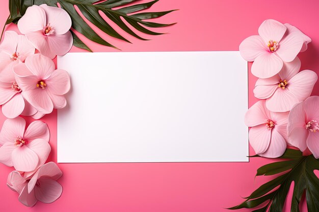 mockup white blank paper sheet with green tropical leaves and flowers top view on pink background