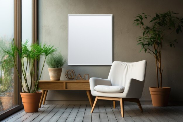 Mockup of a white blank poster frame on the wall