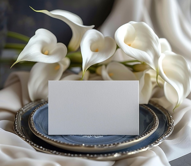 Фото Мокет белой пустой карты для имени места свернутый привет свадебного стола на заднем плане