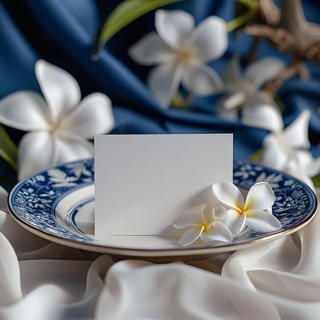 Mockup white blank space card for Name place Folded greeting wedding table setting background