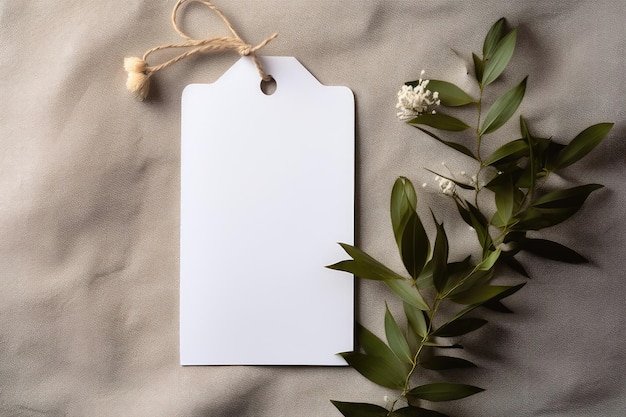 A mockup of a white and brown empty tag with a rope flowers on the table Place for text