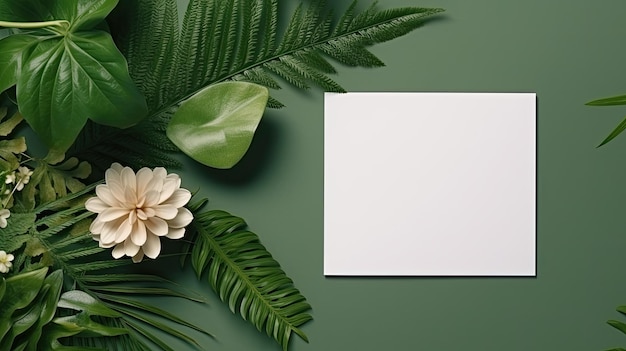 Photo mockup of a white card envelope and dried flowers on a green background