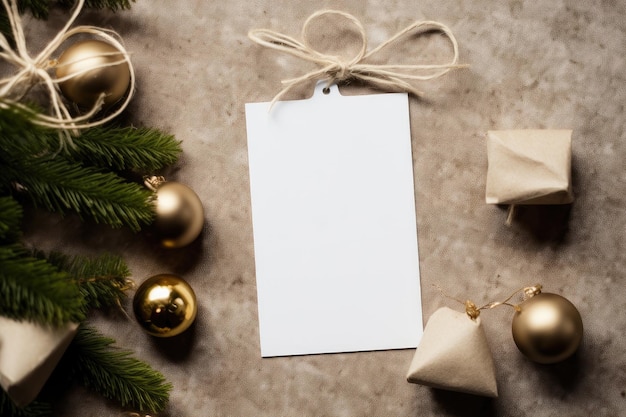 A mockup of a white card lies on a New Year's table with branches of a Christmas tree