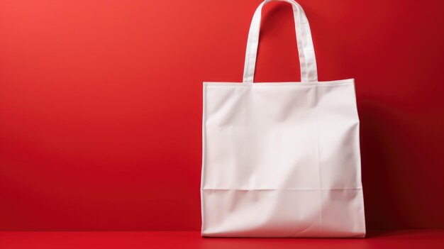 A mockup of a white cloth bag with handles on a red background