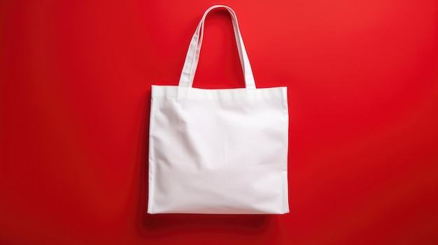 Photo a mockup of a white cloth bag with handles on a red background