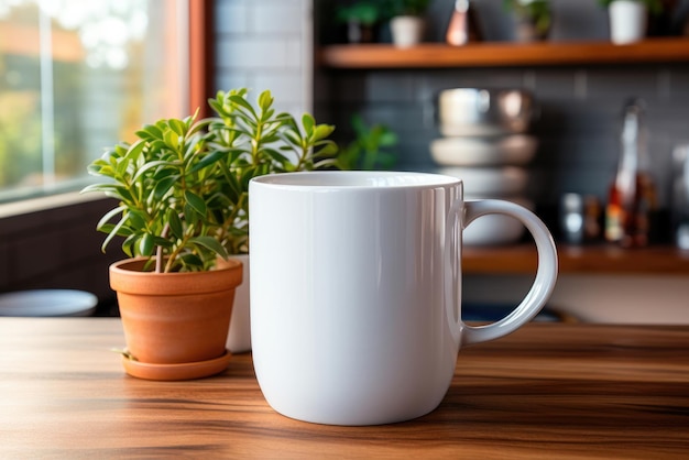 Mockup of a white coffee mug in a cafe next to potted plants and on a blurry background Overlays of custom quotes and designs for the sale of mugs