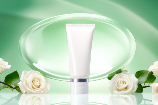 Mockup of white cosmetic tube with beauty product and white roses on emerald green background