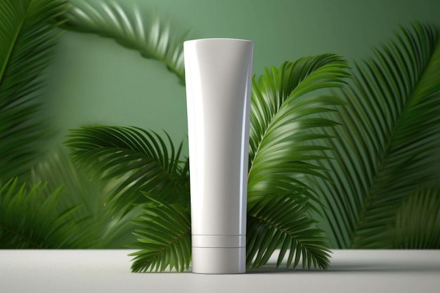 A mockup of a white cream tube with a lid on a background of palm leaves Place for text