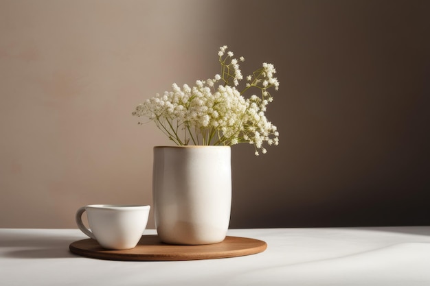 Mockup of a white cup on a table with a beige vase and a gypsophila branch