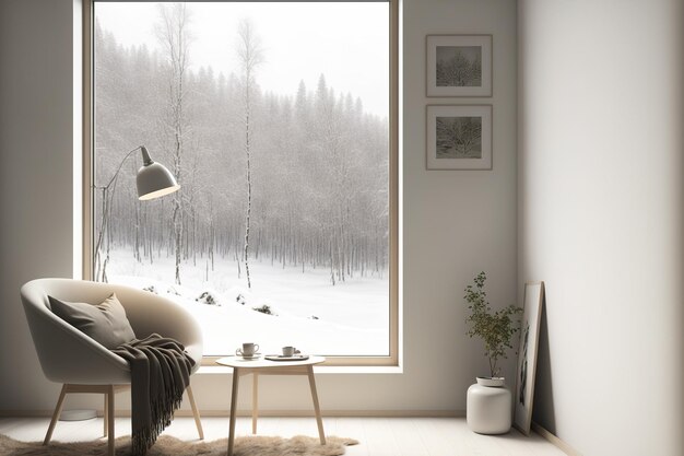 Photo mockup of a white empty room with a view of a wintry scene scandinavian style in decorating