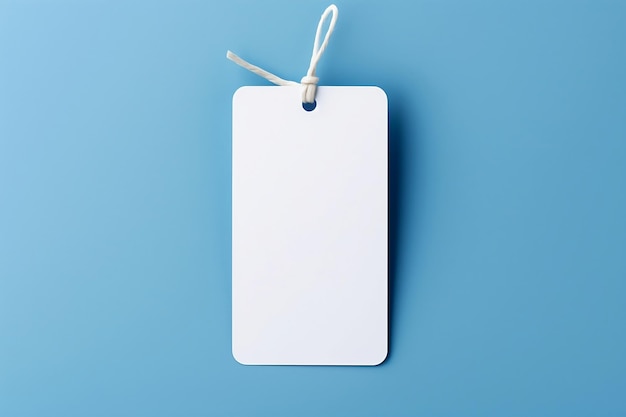 A mockup of a white empty tag with a rope on a blue background Place for text