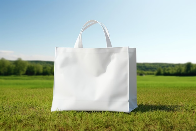 A mockup of a white fabric picnic bag stands in a field in the grass with flowers a place for text