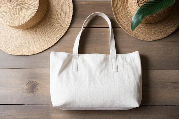 Mockup of a white female shopper a textile beach bag on a wooden floor