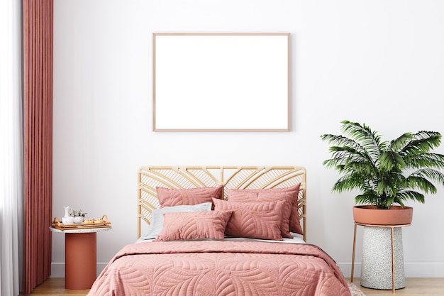 Photo mockup white horizontal frame in bedroom boho style