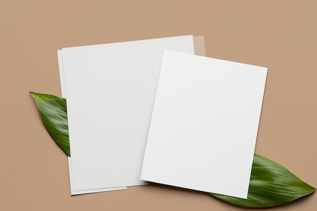 Photo a mockup white paper harmoniously adorned with a fresh leaf unveiling a delicate fusion