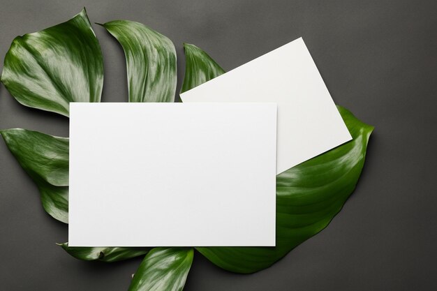 Photo a mockup white paper harmoniously adorned with a fresh leaf unveiling a delicate fusion