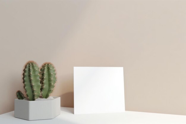 Mockup of a white paper sheet standing on a table by the wall with cactus