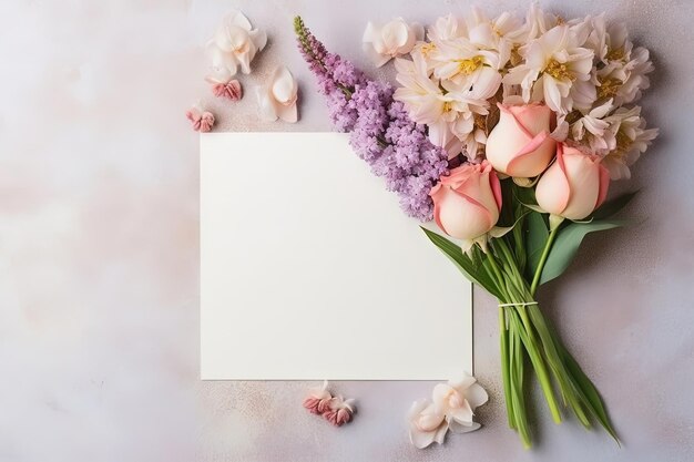 Photo mockup white paper with flower flower arrangement over a grey layflat