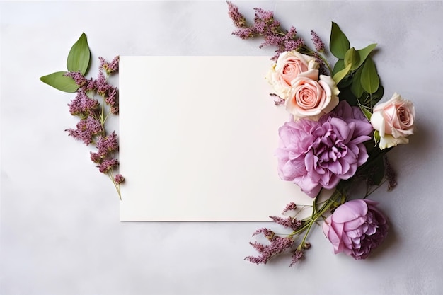 Photo mockup white paper with flower flower arrangement over a layflat