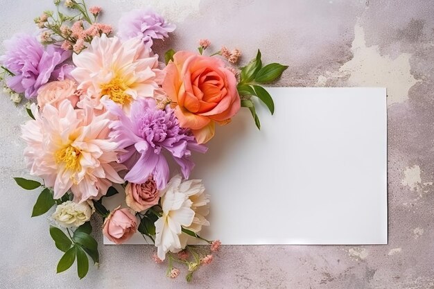 写真 レイフラットの上に花の花の配置を持つモックアップの白い紙