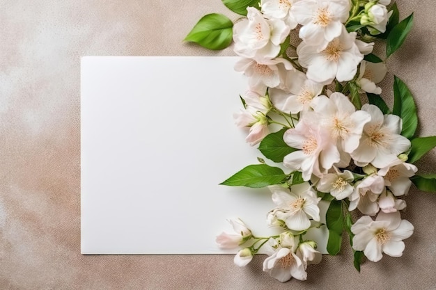 Photo mockup white paper with flower flower arrangement over a texturated layflat