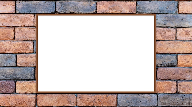 Mockup white picture frame on orange brick wall background with clipping path