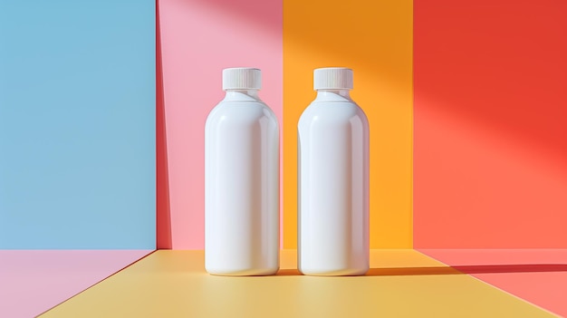 макет белых пластиковых банок на многоцветном фоне