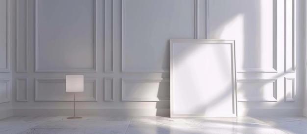Mockup of a white poster frame on the floor with a lamp in a room