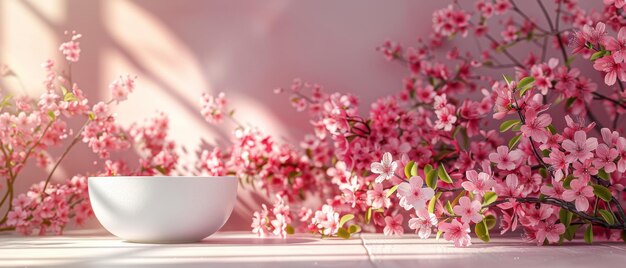 ホワイト・ラウンド・ペデスタル (Mockup of White Round Pedestal) コスメティック・ビューティ・プロダクト・プレゼンテーションミニマリスト・フラット・レイ (Minimalist Flat Lay) 明るい影と春の花の背景トレンディなピンク・コラル・パステル・バックグラウンド
