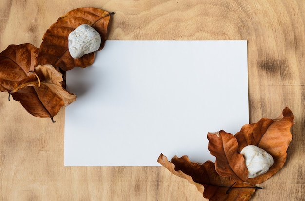 Photo mockup. a white sheet of paper on a wooden surface, surrounded by autumn leaves and white stones. selective focus.