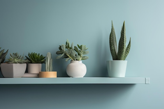 Mockup of a white shelf with green potted plants on a blue wall