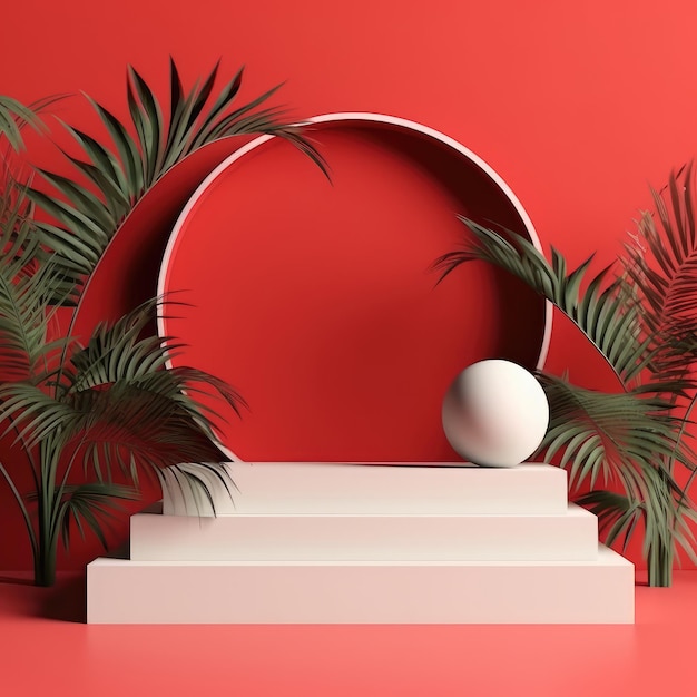 Mockup of a white stepped square podium with a round frame decor tropical green leaves on a red background Generative AI technology