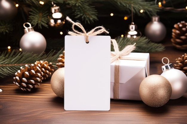 A mockup of a white tag and a gift box with a New Year's decor with a Christmas tree