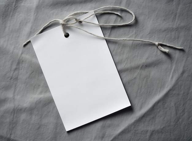 Mockup White Tag On A Gray Cloth With String Stock Photo In The