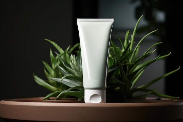 Mockup of a white tube for cosmetics with aloe