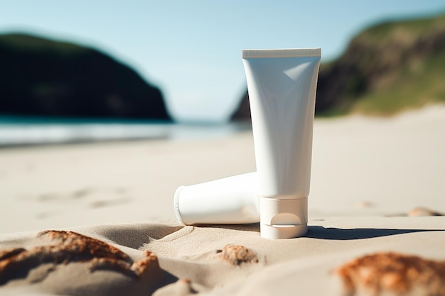 mockup white tube sunscreen cream on the beach in summer on a sunny day generated by artificial int