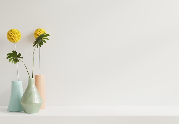 Mockup white wall with flower vase on Shelf3d rendering